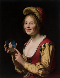 Leende flicka, en kurtisan, håller en obscen bild av Gerrit van Honthorst