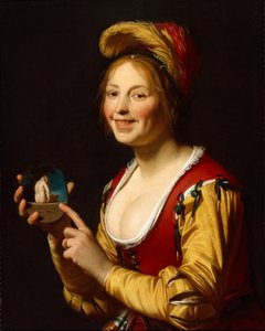 Leende flicka, en kurtisan, som håller en obscen bild av Gerrit van Honthorst