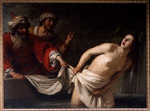 Suzanne i badet Målning av Gherardo delle Notti (Gerrit van Honthorst) (1590-1656) 1655 sön 157x213 cm Rom, Galleria Borghese av Gerrit van Honthorst