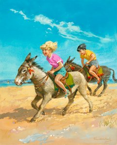 Pojke och flicka rider på åsnor på stranden