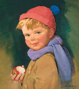 Pojke äter äpple (färglitografi)