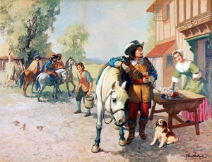 Fyra cavalierer på väg till London för att hitta en hund som blev den första King Charles Spaniel