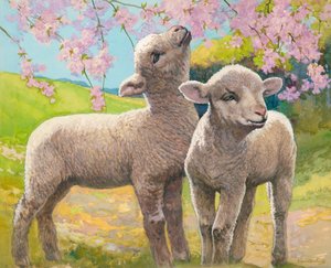 Två lamm som äter blommor (gouache på papper)