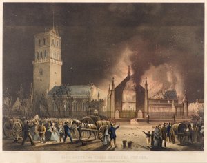 East, South och Cross Churches, Dundee, som de dök upp i brand söndagen den 3 januari 1841, ca 1841 (litografi)