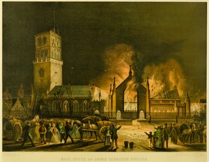 East, South and Cross Churches, Dundee [som de dök upp i brand på morgonen söndagen den 3 januari 1841] (efter George McGillivray), c.1841 (litografi)