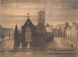Moonlight View of East and Cross Churches, Dundee som de såg ut efter eldsvådan den 3 januari, c.1841 (litografi)