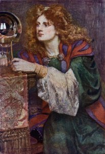 Britomart espies the Mirror (färg litho) av Gertrude E. Demain (after) Hammond
