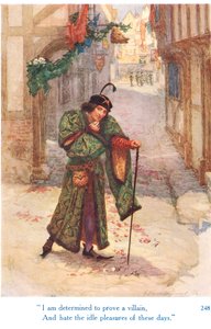"Jag är fast besluten att bevisa en skurk och hatar dessa dagars lediga nöjen", illustration från "Shakespeares berättelser om de engelska kungarna", publicerad av George Harrap & Son