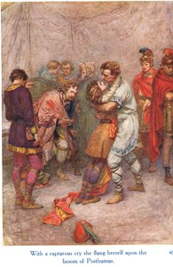 "Med ett hänfört rop kastade hon sig själv på Posthumus sköte", illustration från "Shakespeares berättelser om de engelska kungarna", utgiven av George Harrap & Son
