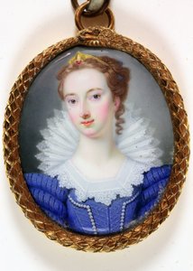 En dam som heter Elizabeth Robinson Mrs Montagu (emalj) av Gervase (attr.to) Spencer
