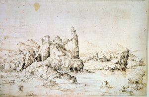 Ett slott på en klippa i bergslandskapet, 1540. av Gherado Cibo
