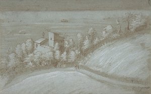 Ett hus med ett duvslag och träd vid havet, 1500-talet.
