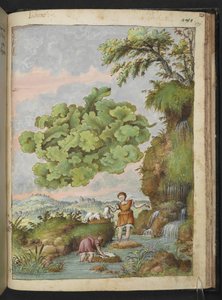 Lichen and woomem tvättar kläder eller päls i en pool, från "Paintings of Flora of the Roman States" av Gherardo Cibo, Add MS 22333, f171r, c.1564-84 (akvarell & gouache på papper)