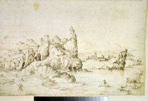 ""A Castle on a Rock in Mountainscape" (A Castle on a Rock in Mountainscape) Brunt tuschteckning av Gherardo Cibo (1512-1600) 1540 Pushkin Museum, Moskva av Gherardo Cibo