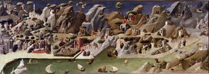La thebaide des eremiter Beskrivning av eremiternas liv i öknen - Detrempe på trä som tillskrivs Gherardo Starnina (1300-1400-talet). 1400 ca. Dim 2x0,8 m Florens, galleria degli uffizi (Uffizi)