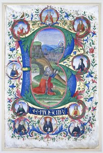 Kung David vid bön inom ett mycket stort initialt "B", omringen med tio stora rundlar som vardera innehåller porträttet av ett helgon, ca 1500 av Gherardo di Giovanni del Fora