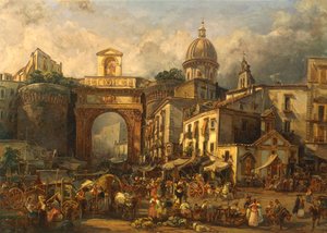 Italien, Neapel, marknad vid Porta Capuana av Giacinto Gigante
