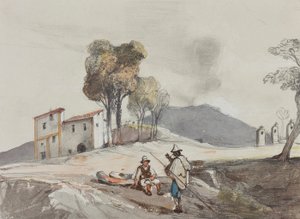 Herdar med Vesuvius i fjärran, med tillägg av en Borbone-pupill (penna, wc och gouache på papper) av Giacinto Gigante