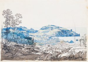 Utsikt över Ischia (Lacco Ameno), ca 1845 (blyerts, penna och akvarell) av Giacinto Gigante