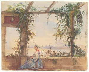 Kvinna som håller en solfjäder under en pergola med Vesuvius i bakgrunden av Giacinto Gigante