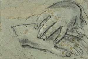 Korslagda händer (recto); höger fot, delvis täckt av draperi (verso)