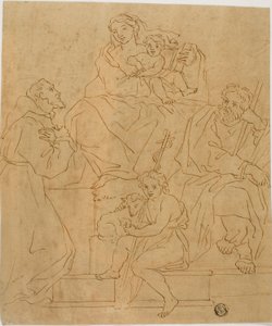 Den heliga familjen med den helige Franciskus av Assisi och Johannes Döparen av Giacomo Cavedone