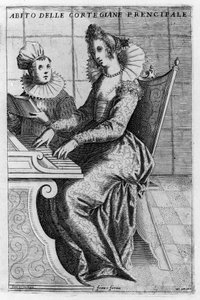 En kurtisan i elegant klänning som spelar piano. Gravyr av Giacomo Franco (1550-1620) från "Venedig, bruk och seder"", cirka 1597.