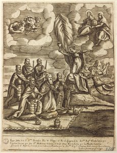 Allegori över den heliga ligan från 1571 som stipulerades av påven Pius V, Filip av Spanien och dogen av Venedig Alvise Mocenigo, gravyr av Giacomo Franco (1556-1620)