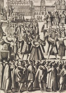Underhållning som charlataner ger varje dag på Piazza di S. Marco al Populo ..., ca. 1610. av Giacomo Franco