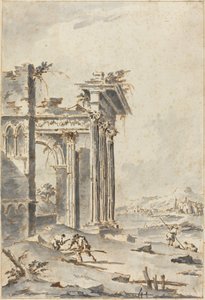 Capriccio av klassiska ruiner på en strand