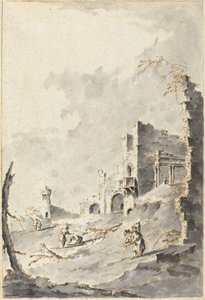 Capriccio av klassiska ruiner med en fästning