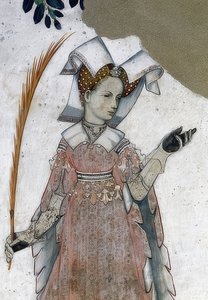 Skildring av markisen av Saluzzo och deras fruar som historiska och mytologiska hjältar och hjältinnor. Detalj: Marguerite de Roussy, hustru till Tommaso III. som Teuca. 1418-30