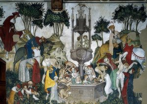 Ungdomens källa. Detalj: människor som anländer och badar i fontänen. 1418-30