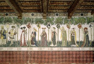 De nio värdiga och de nio värdiga kvinnorna, detalj av Karl den store, Godfrey de Bouillon, Delphine, Iynoppe, Hippolyte, Menalyppe, Semiramis, Lampeto och Tamyris, 1418-30