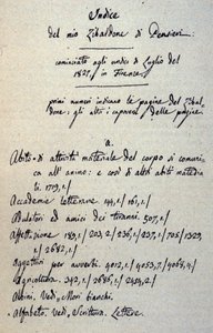Initiation av manuskriptet till Zibaldone (eller "Pensieri") av Giacomo Leopardi (1798 - 1837). 1817-1832 av Giacomo Leopardi