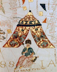 Detalj av en karta av kartografen Giacomo de Maggiolo föreställande Sultan Soliman (Suleyman) Jag sa den magnifika (1520-1566) som kallas "Den store turken"". Miniatyr. Marinmuseum, Genes