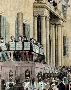 Risorgimento: "" medlemmar av Giovine Italia-rörelsen (inklusive Carlo Cattaneo (1801-1869), Tinelli, Danzi, Bussi) sitter framför Justitiepalatset i Milano och lyssnar på domen som dömde dem till exil 1848"" 1884 Litografi av Manteg
