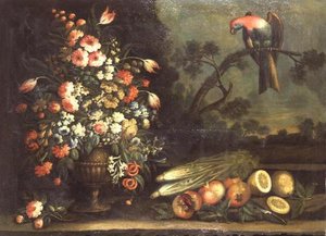 Stilleben, blandade blommor, grönsaker och papegoja av Giacomo Nani