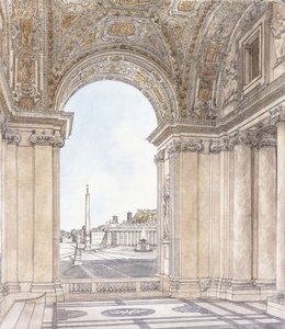 En utsikt över Piazza San Pietro, Rom med utsikt söderut från basilikans portik, före 1779