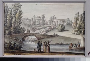 Apollontemplet och vattenfallet i Pavlovsk Park (Sankt Petersburg). Verk av Giacomo Antonio Domenico Quarenghi (1744-1817), bläck och akvarell på papper, cirka 1800. Italiensk konst