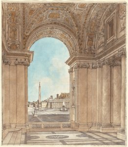Piazza av Peterskyrkan sett genom en båge av basilikan
