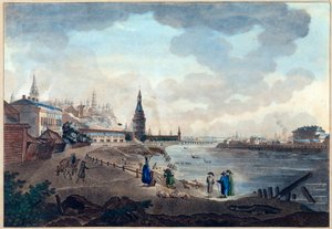 Vy över Kreml från Moskva från stenbron över Moskva (Moskva eller Moskwa). Verk av Giacomo Antonio Domenico Quarenghi (1744-1817), akvarell och bläck på papper, cirka 1790. Italiensk konst