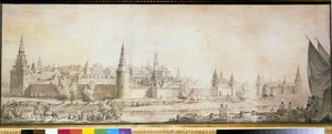 Panoramautsikt över Moskva Kreml i slutet av 1700-talet - Verk av Giacomo Antonio Domenico Quarenghi (1744-1817), slutet av 1790-talet - Panoramautsikt över Moskva Kreml i slutet av 1700-talet - Penna, pensel, brun färg , svart krita, vatten c