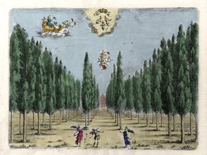 Illustration till operan i 5 akter "La finta pazza" "(La Folle supposee) av Francesco Sacrati. Gravyr av Jacopo Torelli