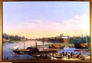 Utsikt över hamnen i Pavia (Pavia) på Po och ångbåten Principessa Clementina””””” Målning av Giacomo Trecourt (1812-1882) 1800-talet