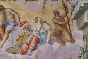 Ceres (skördens gudinna med ett öronknippe) och Diana (jaktens gudinna med pilbågen), detalj av Olympens rum, ca 1557 (fresk)