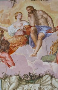 Juno och Jupiter liggande på moln, ovanför arkitektoniska ruiner, detalj av Olympus rum, c.1557 (fresk)