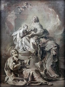 Anna unterweist Maria im Lesen der Heiligen Schrift S:ta Anna, åtföljd av S:t Petrus och S:t Antonius av Padua, undervisar den unga Maria i att läsa Bibeln; Kat.nr. 88.1