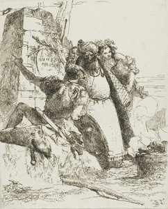 En trollkarl, en soldat och tre figurer som tittar på en brinnande skalle, från Scherzi av Giambattista Tiepolo