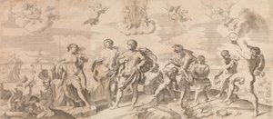 Bacchus med sina följeslagare upptäcker Ariadne på ön Naxos, efter Reni, 165..., 1650-80. av Gian Battista Bolognini